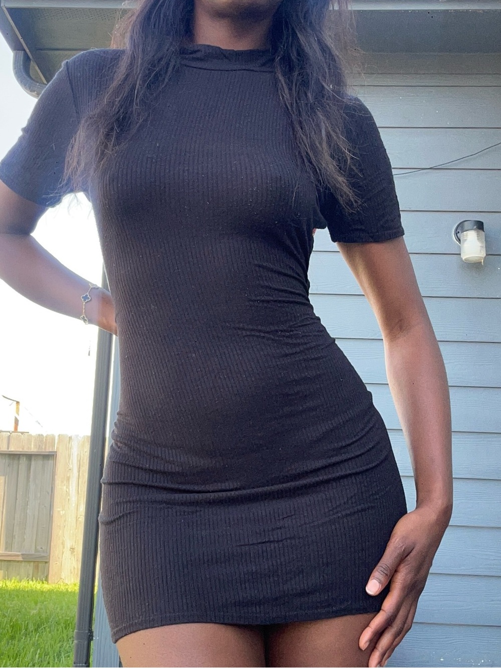 Women's Black Ribbed Short Sleeve Bodycon Dress
